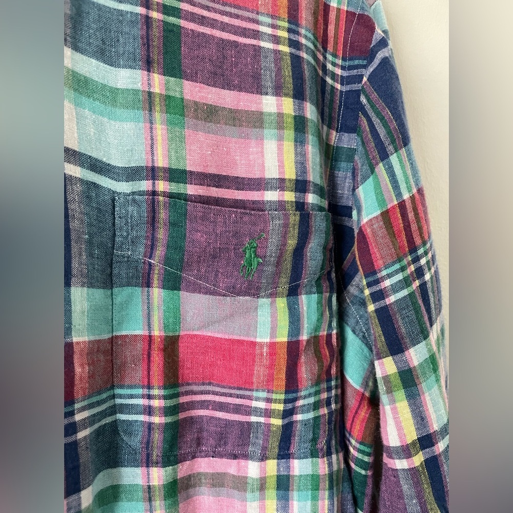 Ralph Lauren 100% Linen Plaid Button Down Shirt Mens Size XL - Picture 5 of 7